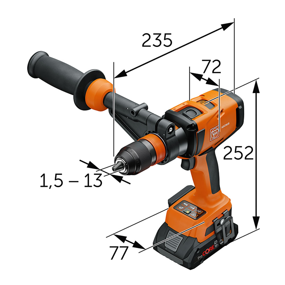 Fein 4-Gang Akku-Bohrschrauber ASCM18QSWAS Detailbild Maße