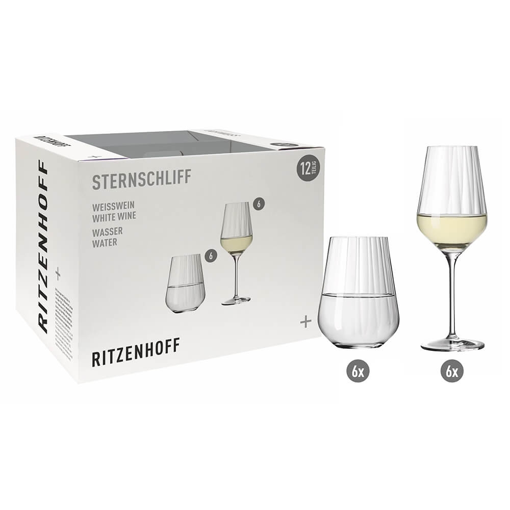 Ritzenhoff Weißwein-Wasserglas 12er Set Sternschliff. Hauptbild.