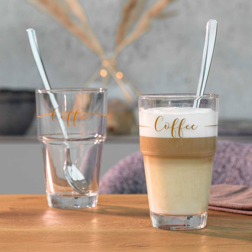 Leonardo 2er Set mit zwei 410ml Glas Bechern Coffee Solo mit 2 Löffeln