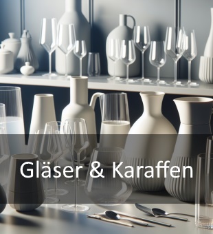 Verschiedene Gläser und Karaffen aus Glas und Keramik